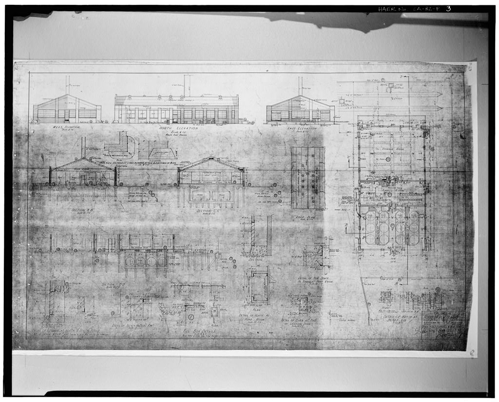 Ford Long Beach Assembly Plant 1930, OIL HOUSE, FLOOR PLAN, ELEVATION, AND MISCELLANEOUS DETAIL 